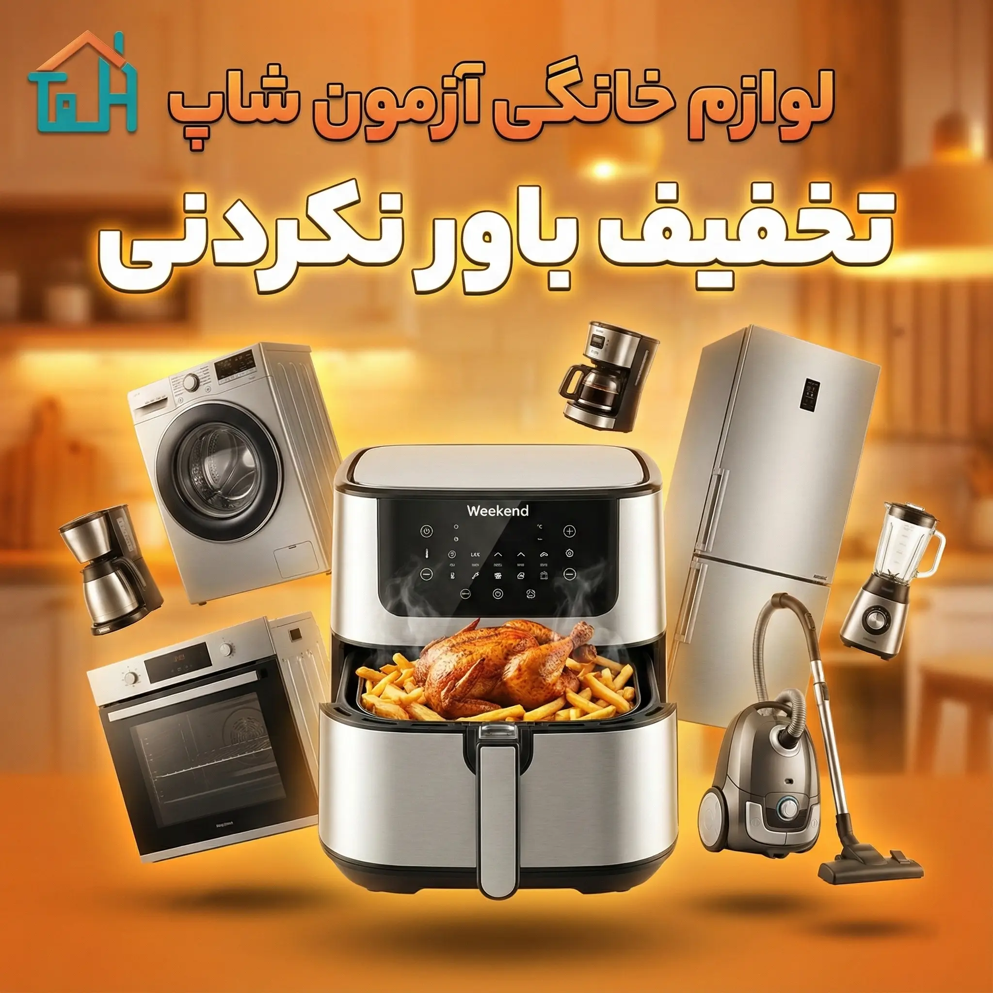بنر فروشگاه اینترنتی آزمون شاپ با تیتر بزرگ «تخفیف باورنکردنی» در پس‌زمینه نارنجی آشپزخانه. تصویر شامل سرخ‌کن بدون روغن ویکند در مرکز، به همراه یخچال فریزر، ماشین لباسشویی، جاروبرقی، فر توکار و مخلوط‌کن است